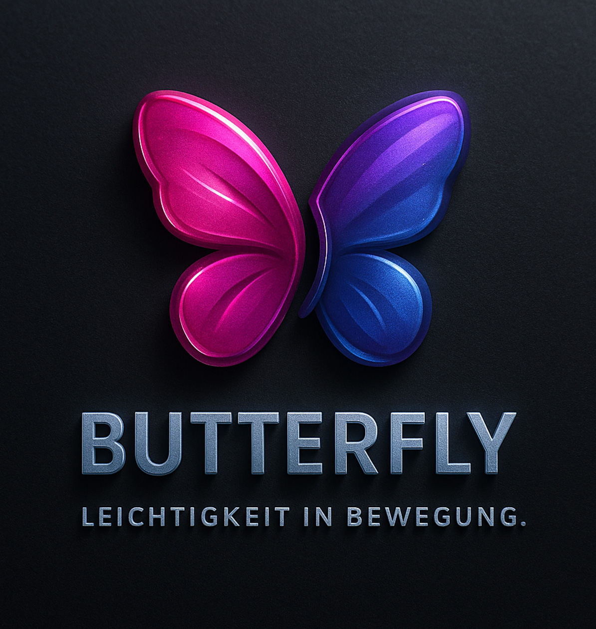 Modernes Butterfly-Logo in Pink und Blau mit dem Slogan „Leichtigkeit in Bewegung“