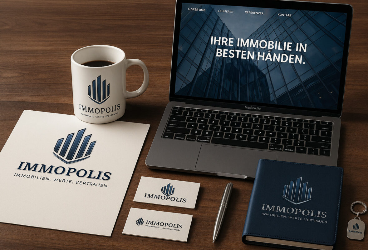 IMMOPOLIS Markenpräsenz – Laptop mit Website, Logo-Tasse, Briefpapier, Visitenkarten und Branding-Materialien