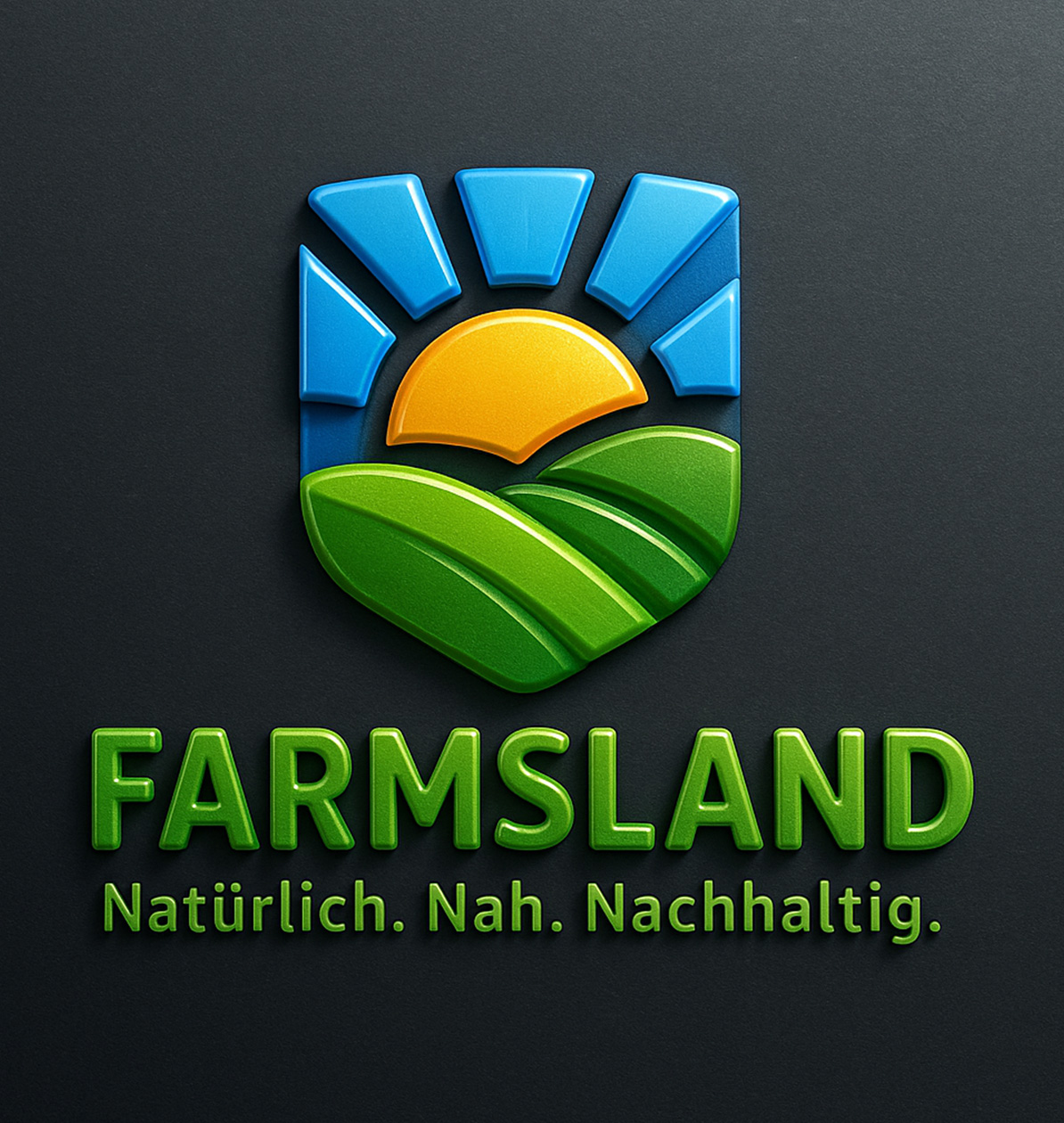 Farmsland Logo mit Sonnenaufgang, Feldern und dem Slogan „Natürlich. Nah. Nachhaltig.“