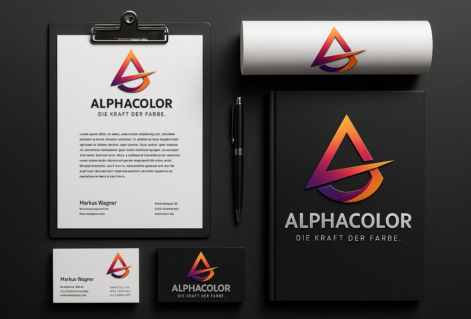 ALPHACOLOR Markenidentität mit Logo, Visitenkarten, Briefpapier und Notizbuch in Schwarz