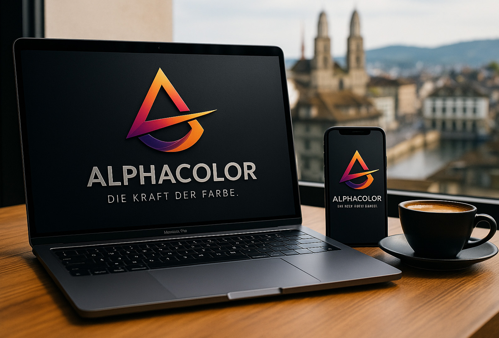 ALPHACOLOR Branding auf Laptop und Smartphone mit Blick auf Zürich – stilvoll & digital