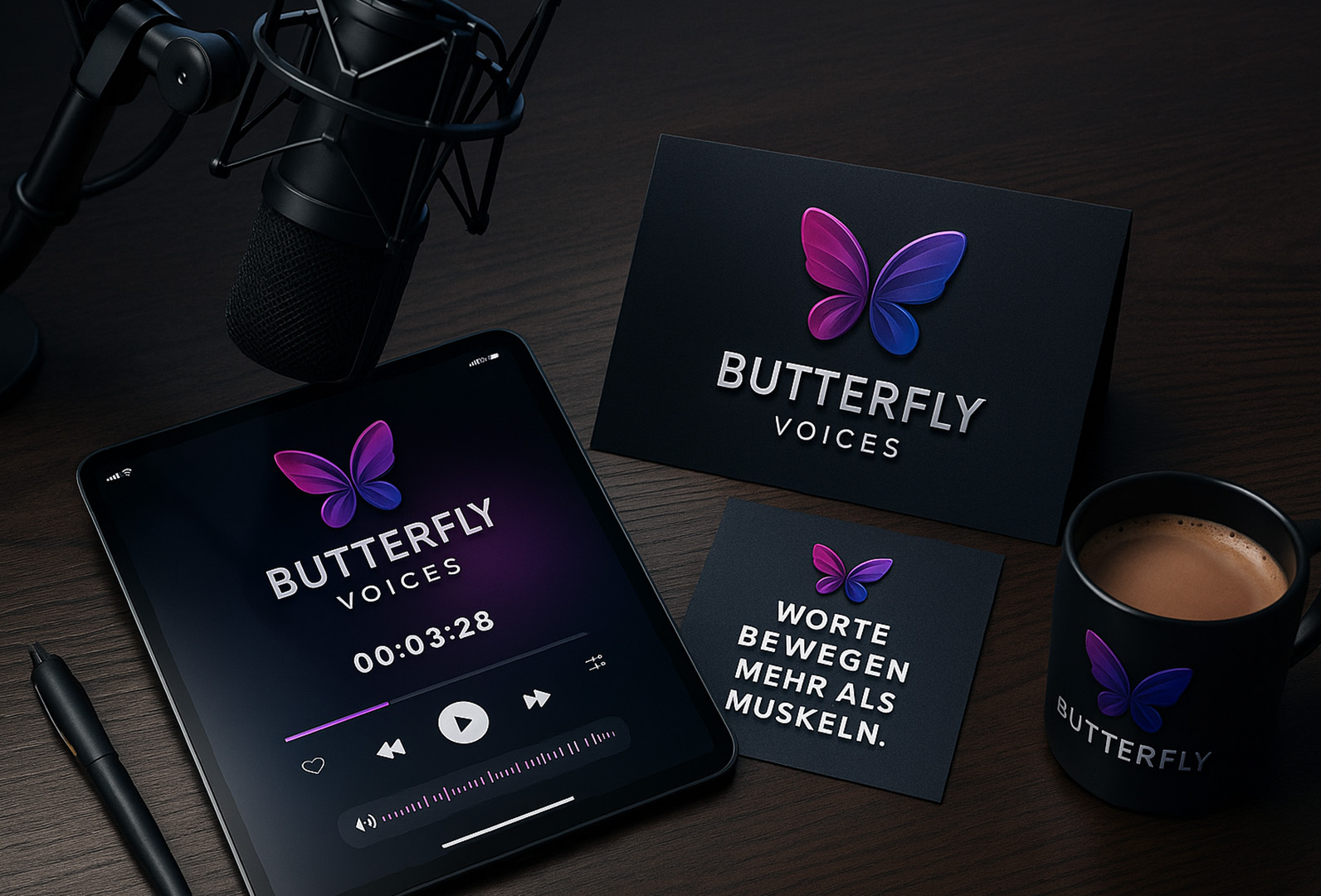 Butterfly Voices Podcast-Design mit Mikrofon, Tablet und Tasse – starke Worte, klangvolle Botschaft