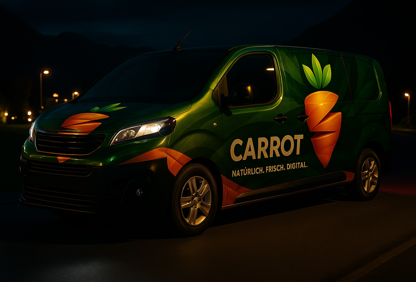 CARROT Lieferwagen bei Nacht mit digitalem Markenlogo – Frisch. Natürlich. Digital.