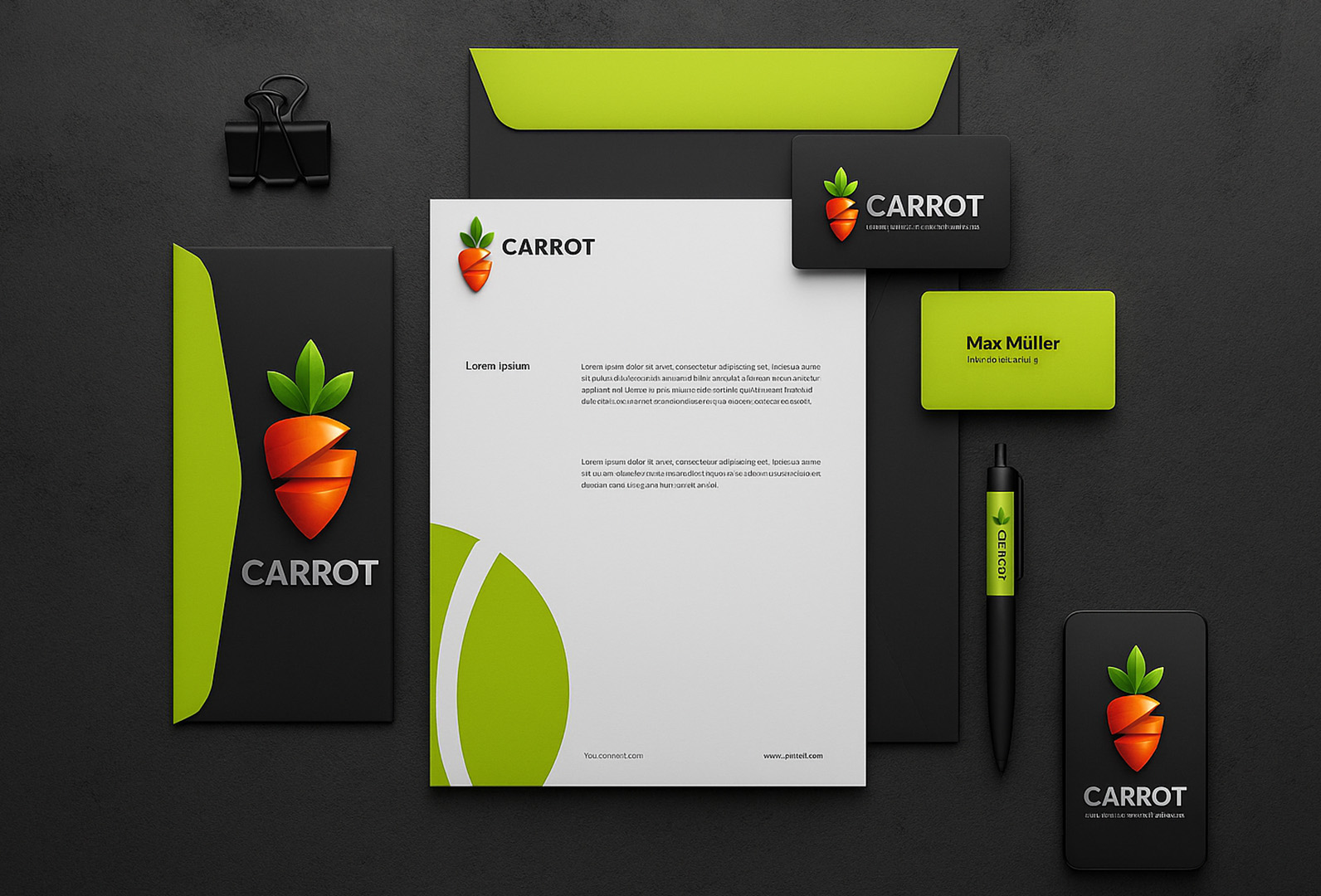 CARROT Branding: Visitenkarten, Briefpapier und Logo im modernen Corporate Design