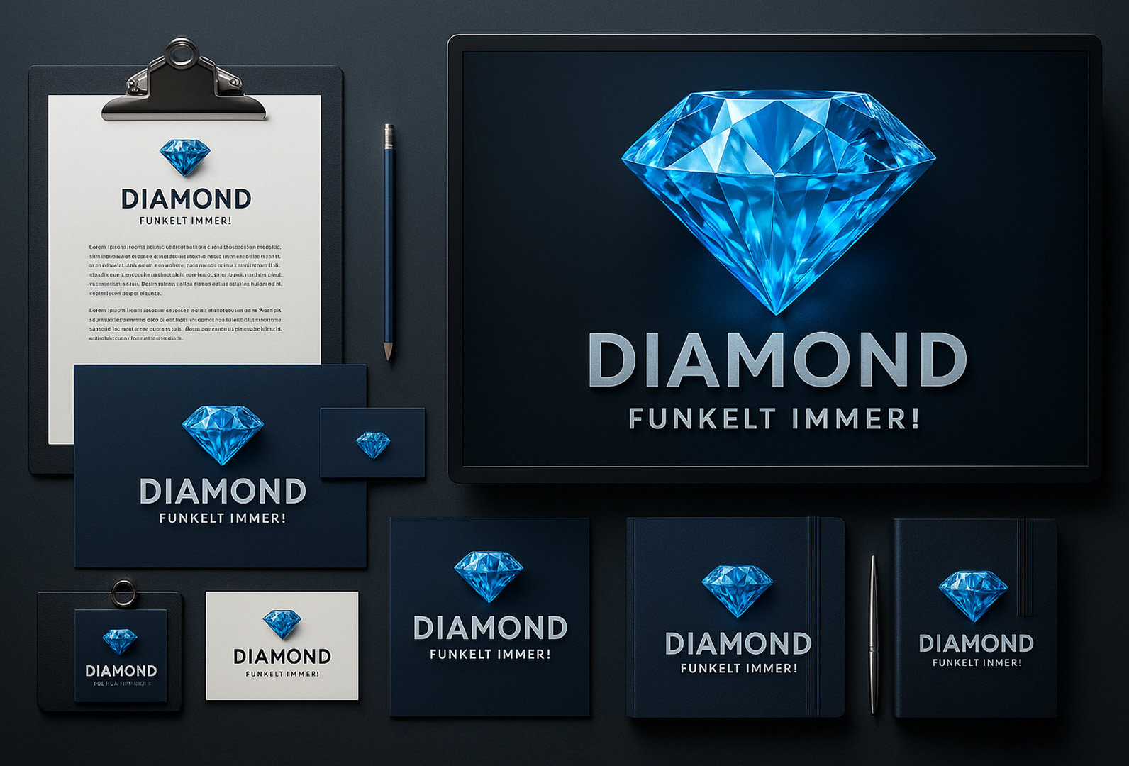 DIAMOND Markenauftritt – Luxus-Branding mit blauem Edelstein-Logo und Claim