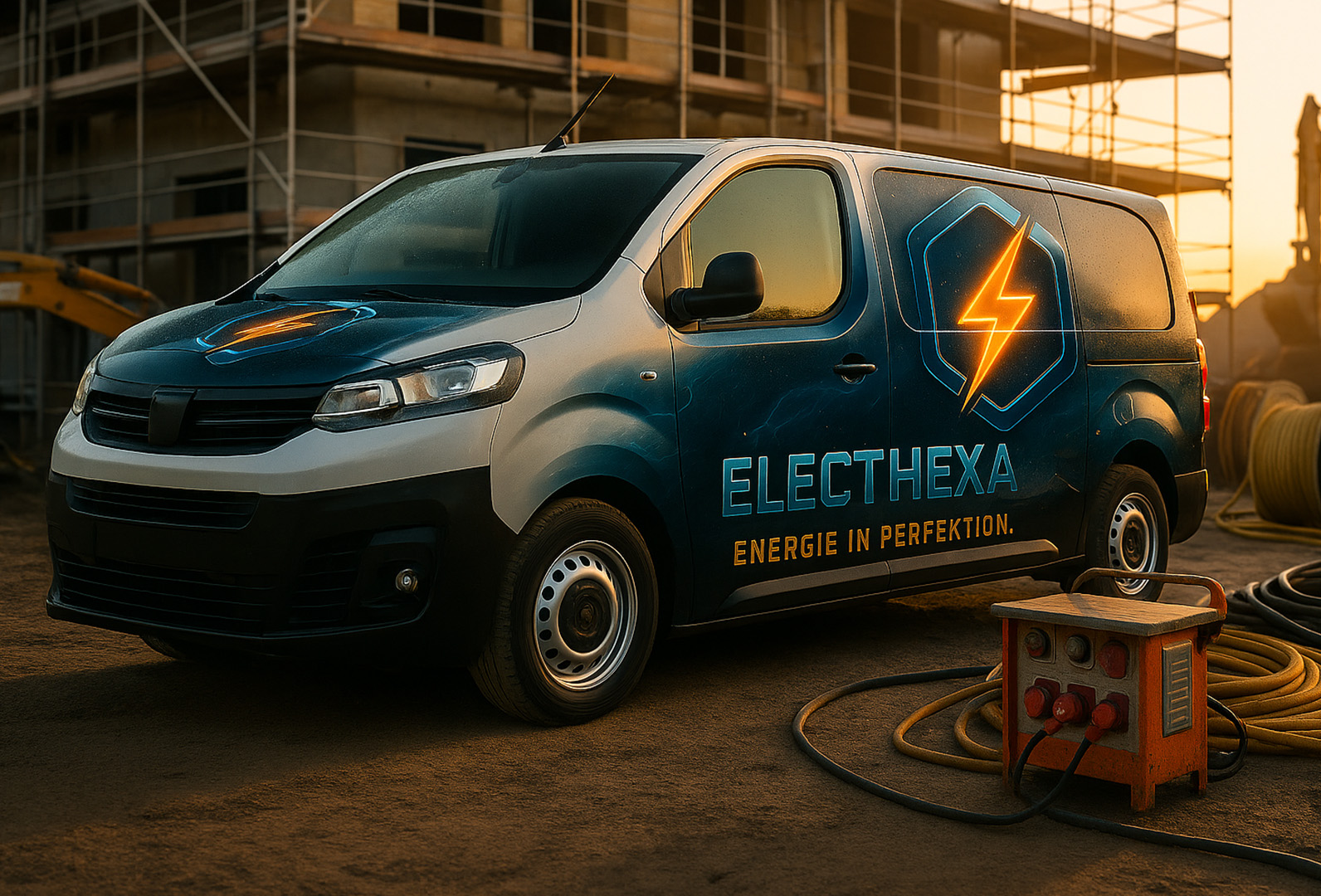 ElectHexa Einsatzfahrzeug auf Baustelle mit Stromanschluss bei Sonnenaufgang