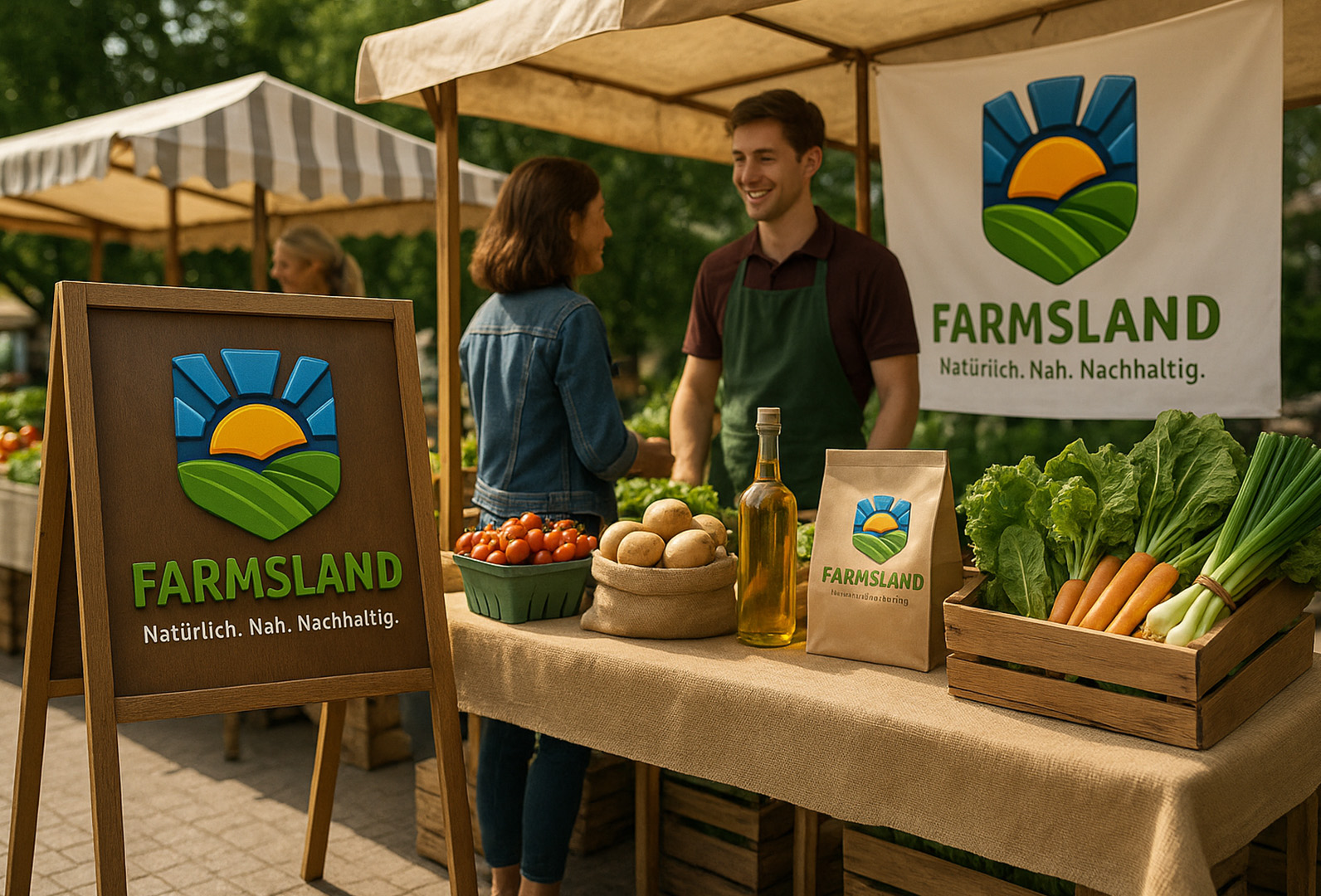 FARMSLAND Marktstand mit frischem Gemüse, Kundengespräch und Werbetafel im Freien