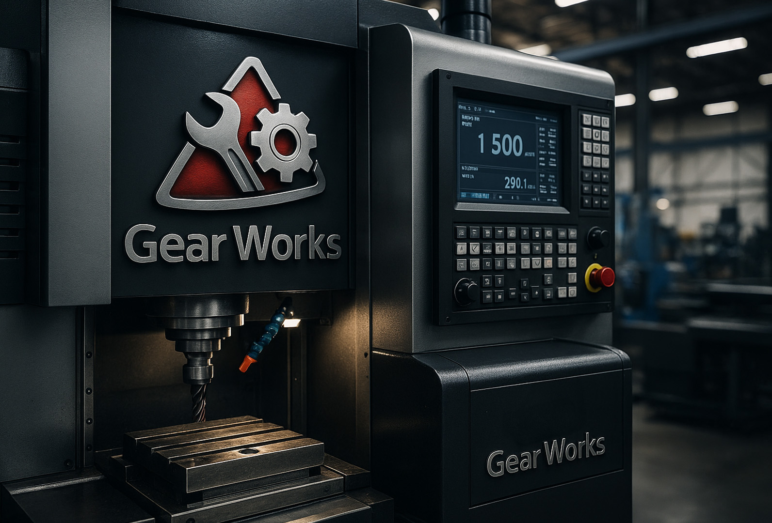 CNC-Maschine mit Gear Works Logo und Bedienfeld in Produktionshalle