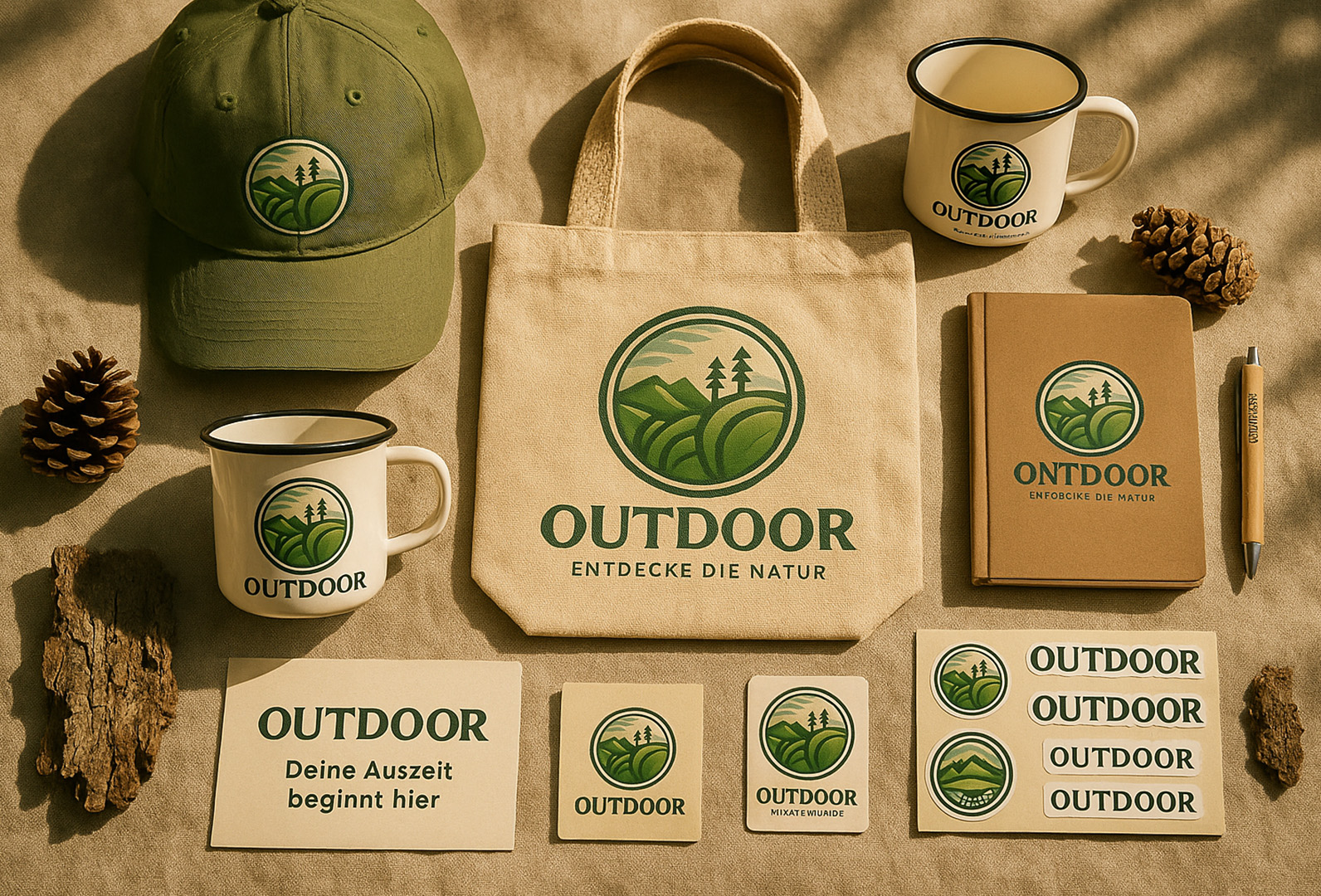 OUTDOOR Natur-Branding-Kollektion mit Cap, Tasse, Tasche, Notizbuch und Stickern – stilvoll & nachhaltig gestaltet