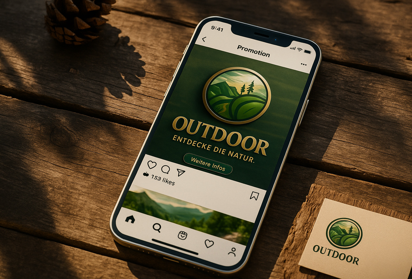 OUTDOOR Markenwerbung auf Smartphone – Social-Media-Promotion mit Naturlogo auf Holzhintergrund