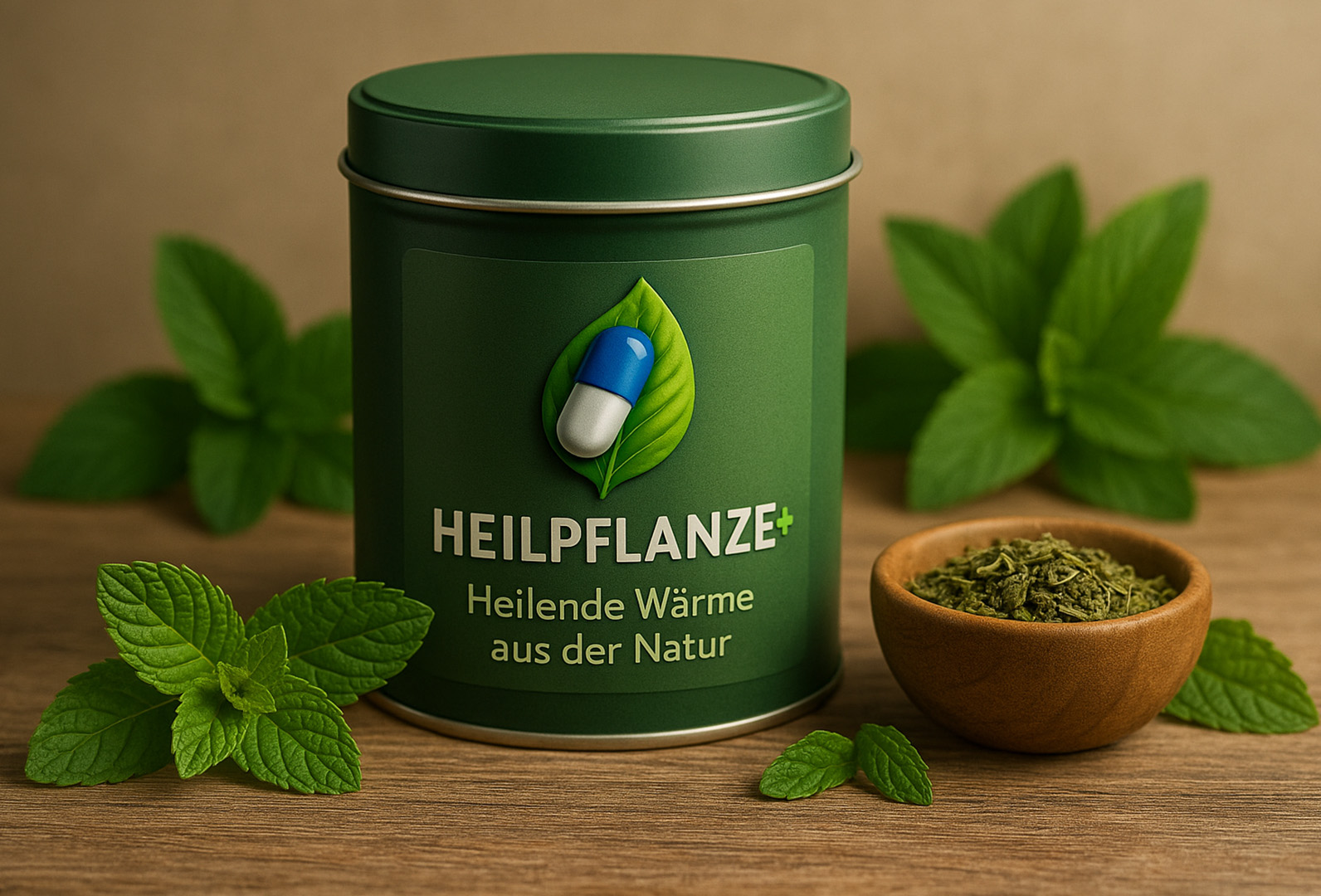 Grüne Metalldose mit Heilpflanze Plus Logo, frischen Minzblättern und getrockneten Kräutern in Holzschale