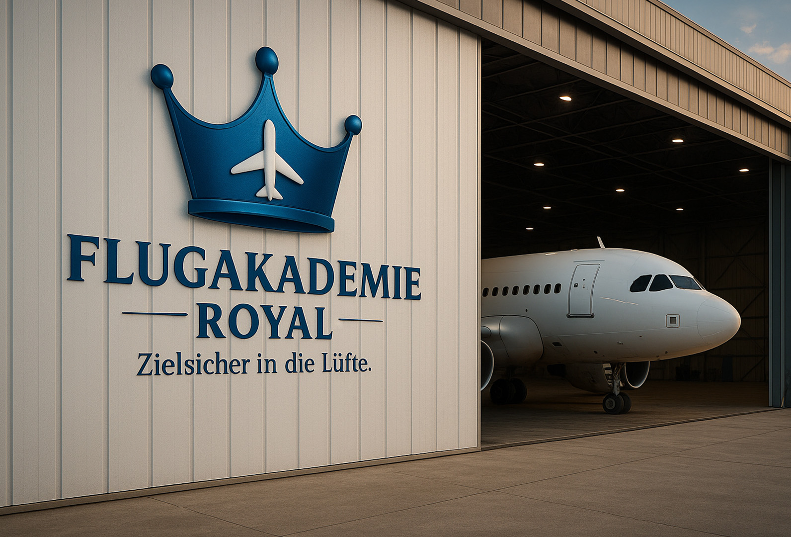 Flugzeug im Hangar mit 3D-Logo der Flugakademie Royal an der Außenwand