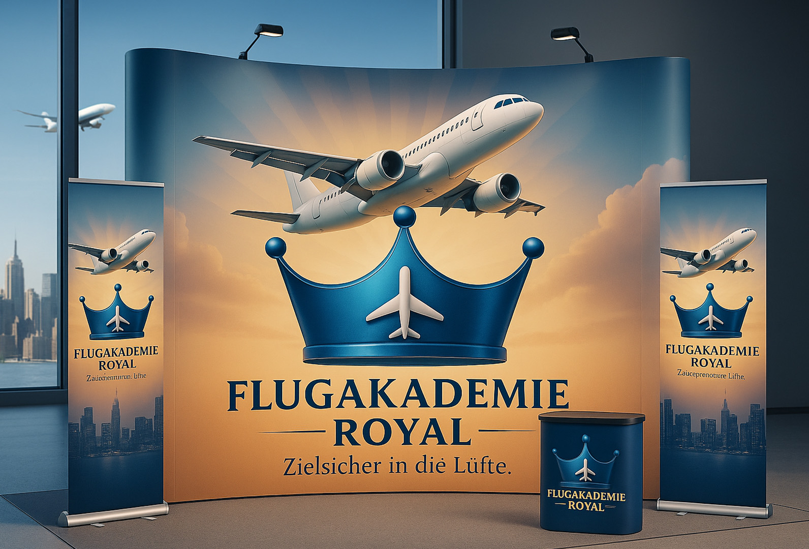 Messestand mit Logo und Flugzeug der Flugakademie Royal vor Skyline