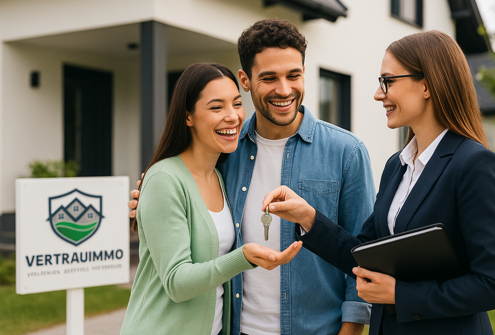 Immobilienmaklerin übergibt glücklichem Paar den Schlüssel – VERTRAUIMMO Hauskauf Schweiz
