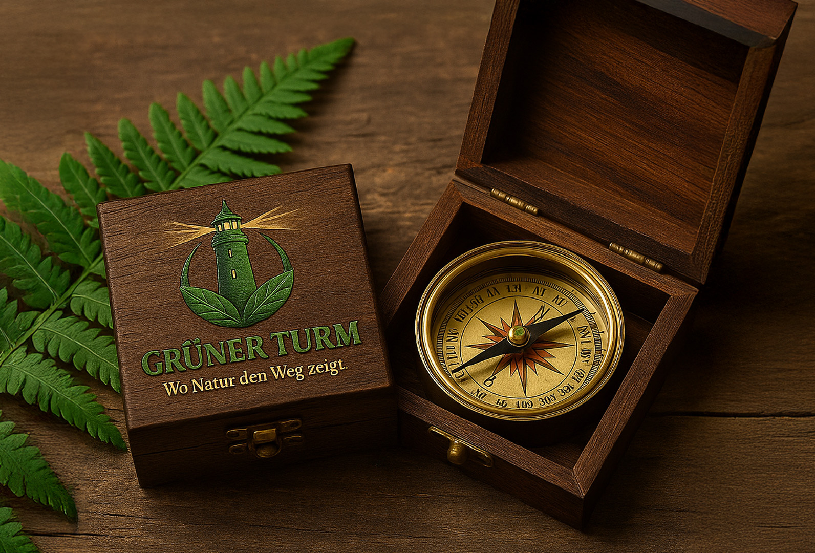 Holz-Kompassbox mit GRÜNER TURM Logo – Naturmarke mit ökologischer Orientierung