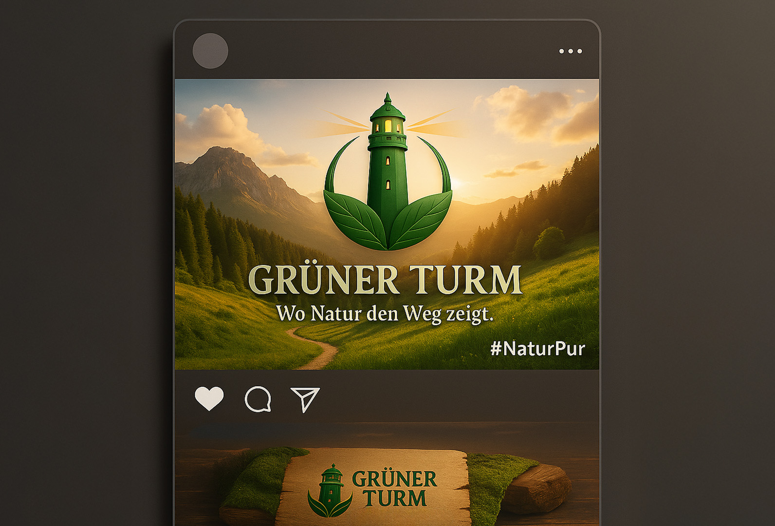 Instagram-Post mit Naturhintergrund und Logo GRÜNER TURM – nachhaltige Naturmarke mit Leuchtturm
