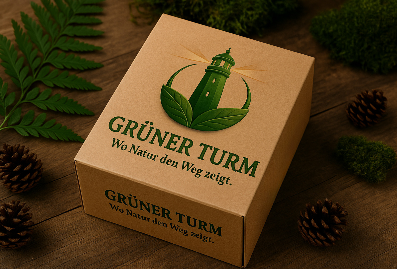 Nachhaltige Verpackung GRÜNER TURM mit grünem Leuchtturm-Logo auf Naturkarton – umgeben von Farn, Moos und Tannenzapfen