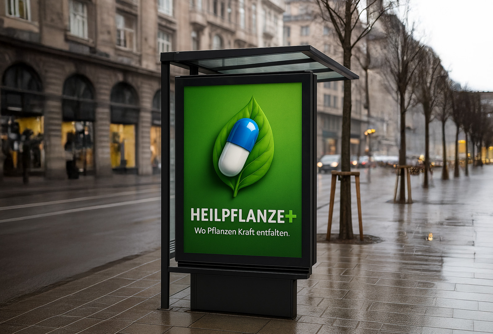 Heilpflanze+ Werbeplakat an Bushaltestelle mit grünem Hintergrund und Kapsel-Logo