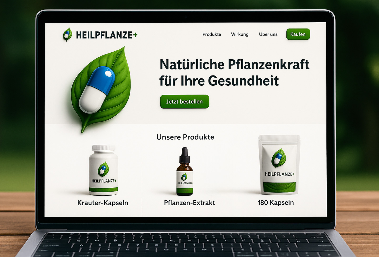 HEILPFLANZE+ Webshop mit pflanzlichen Produkten auf einem Laptop-Bildschirm