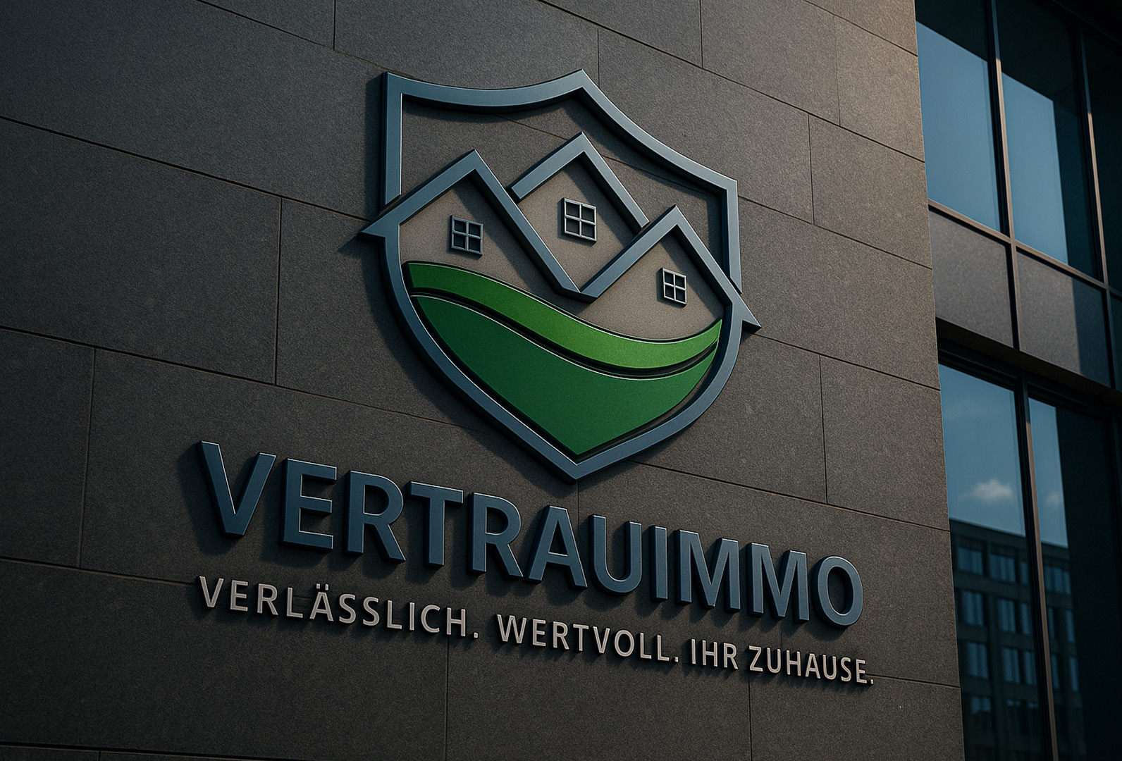 VertrauImmo Logo an moderner Gebäudefassade – Immobilienunternehmen Schweiz, verlässlich & wertvoll