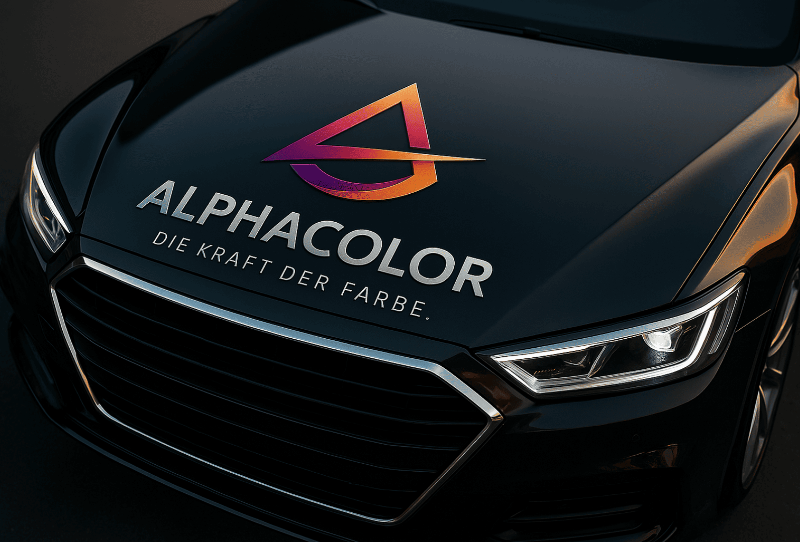 ALPHACOLOR Logo auf der Motorhaube eines schwarzen Premiumfahrzeugs – Die Kraft der Farbe.