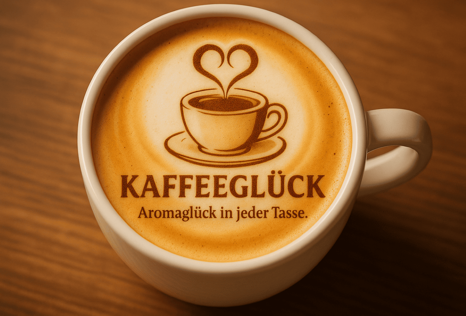 Cappuccino mit Latte-Art in Form einer Kaffeeglück-Tasse und Herz-Dampf, serviert in einer weißen Tasse auf Holztisch.