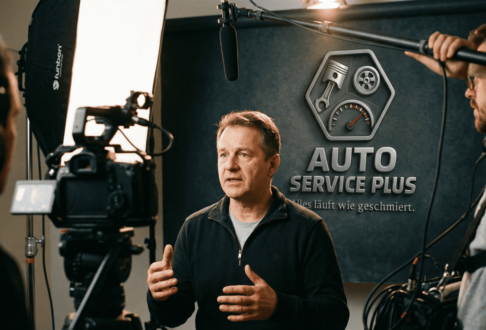 Auto Service Plus Experte bei Videoaufnahme mit Kamera und Mikrofon im Studio