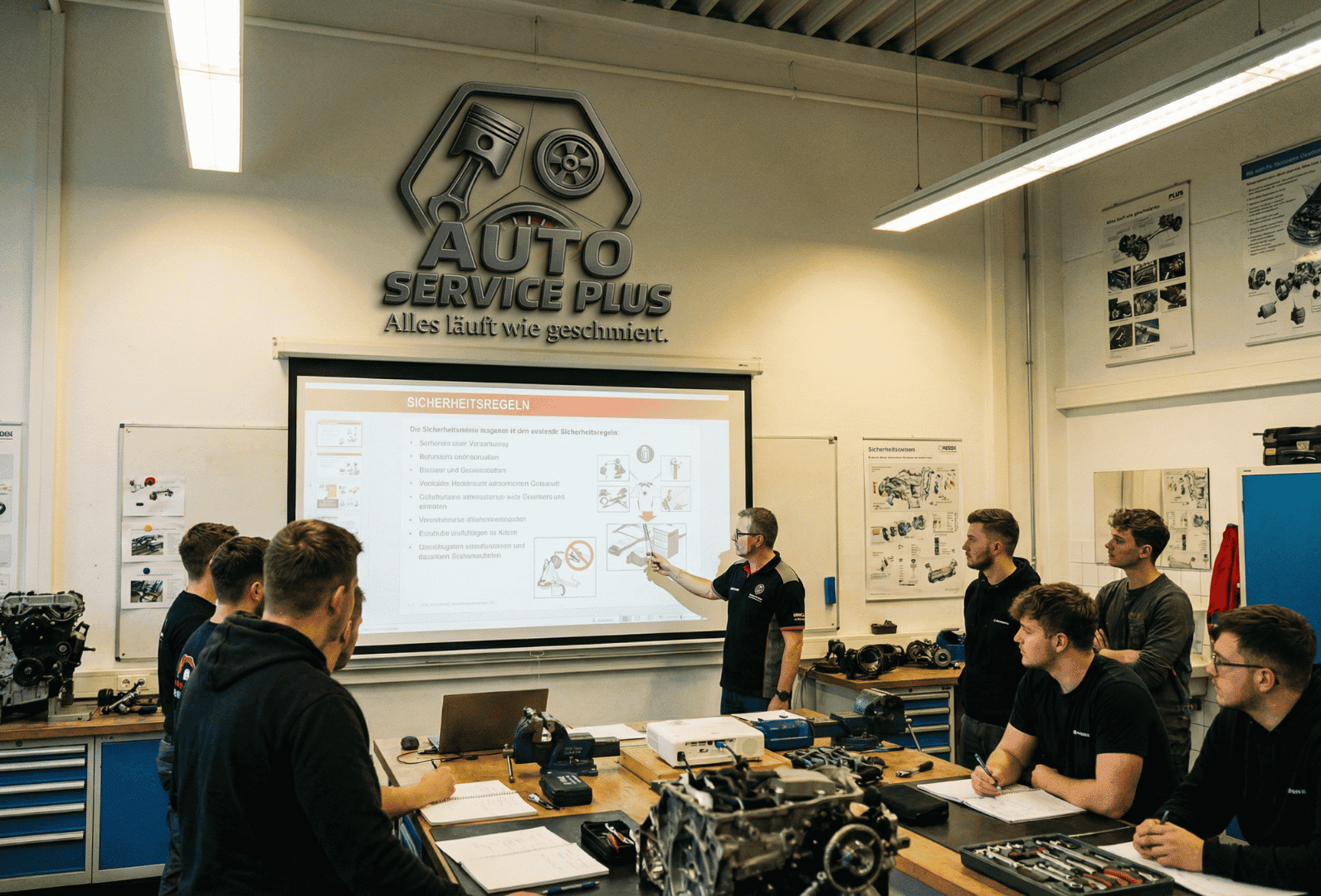 Mitarbeiterschulung bei Auto Service Plus mit Sicherheitsunterweisung in moderner Werkstatt