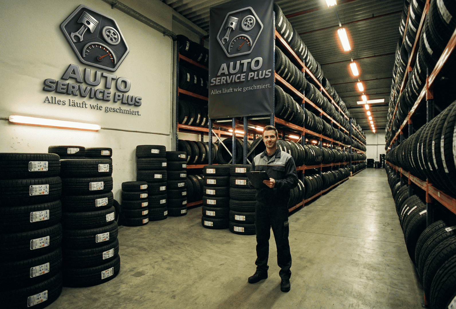 Mitarbeiter von Auto Service Plus im Reifenlager mit saisonaler Reifeneinlagerung