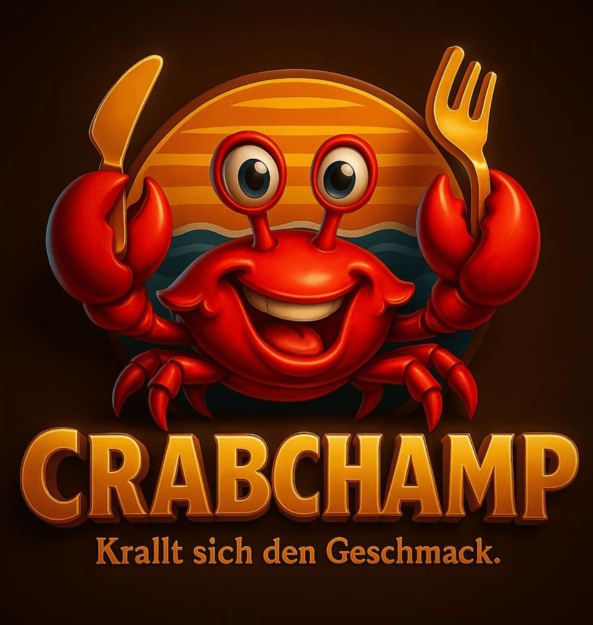 Fröhliches Krabben-Maskottchen mit Messer und Gabel vor Sonnenuntergang – Branding für Seafood-Restaurant oder Streetfood-Konzept
