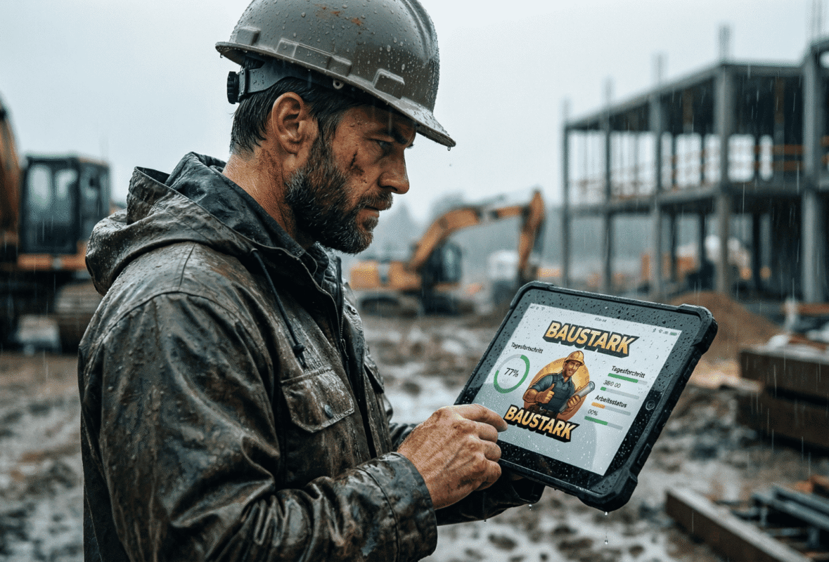 Bauleiter prüft digitalen Baufortschritt auf Tablet bei Regen auf aktiver Baustelle