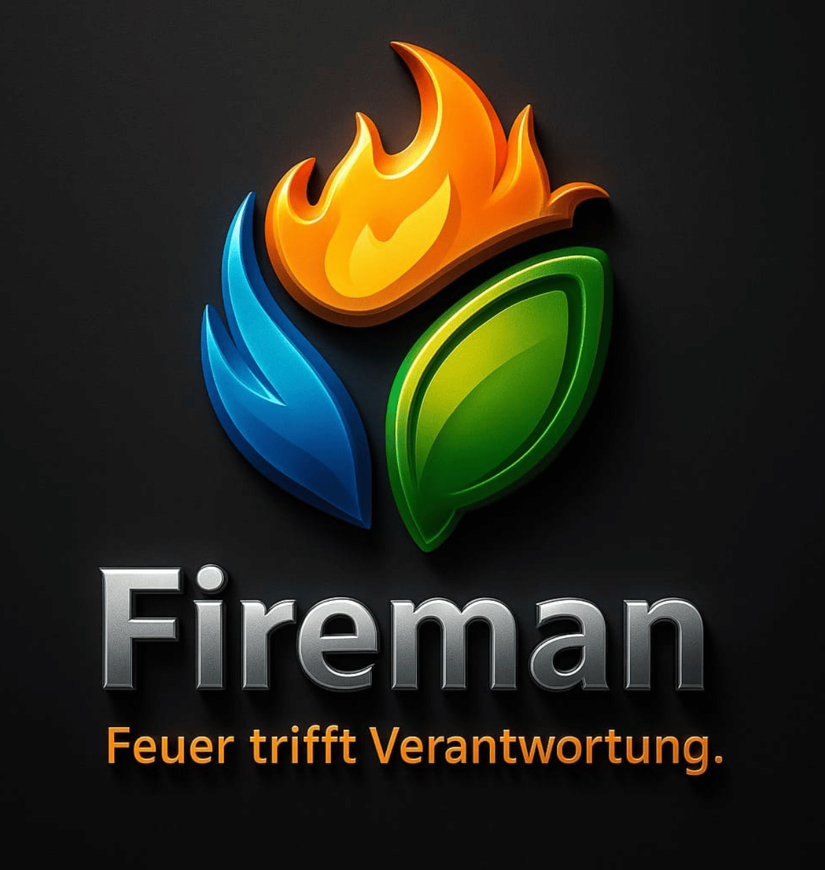 Modernes Logo mit Flamme, Blatt und Wassertropfen in Orange, Grün und Blau – Symbol für Feuer, Natur und verantwortungsvolle Energie