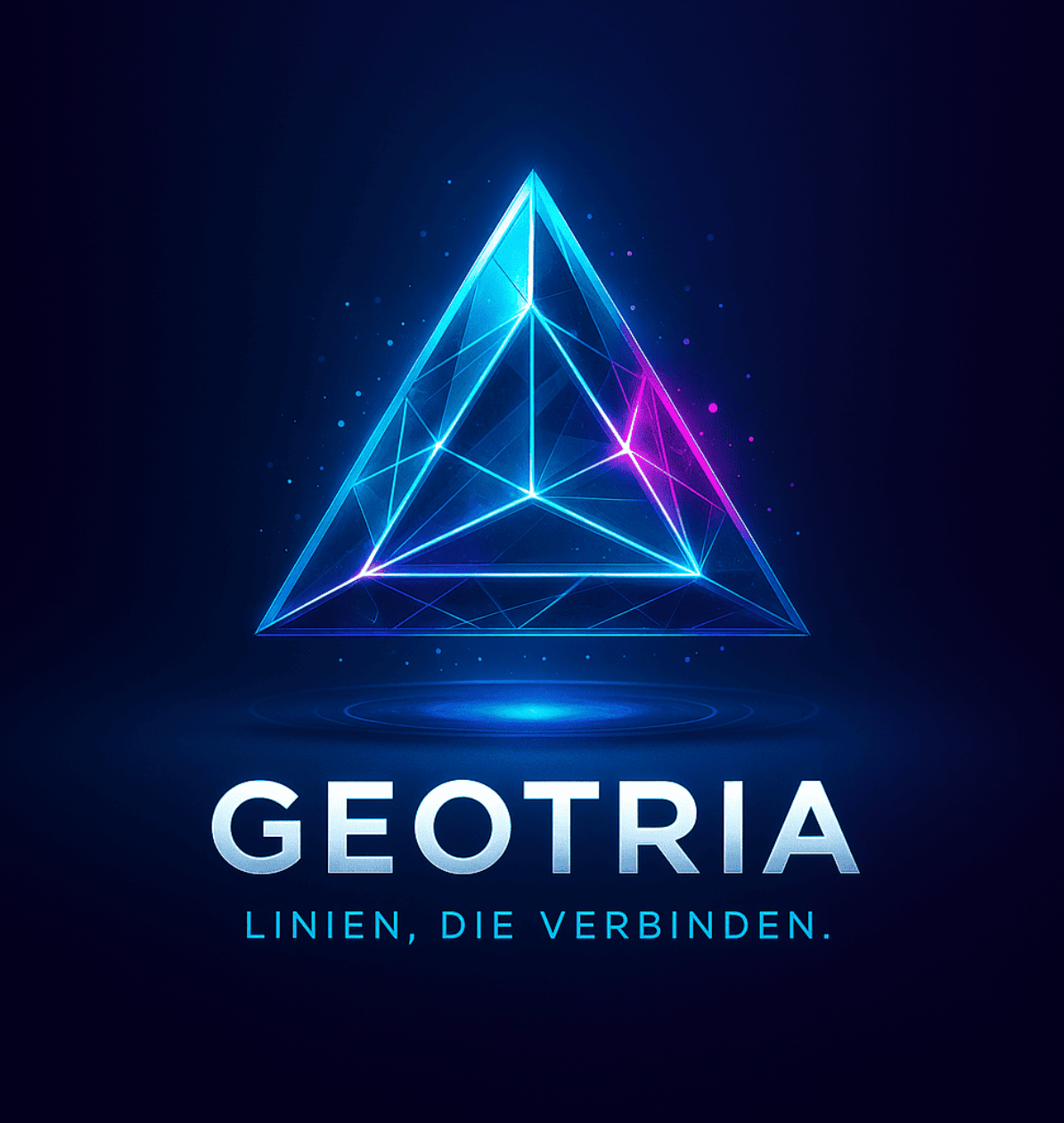 Leuchtendes geometrisches Dreieck aus vernetzten Linien in Blau und Violett – modernes Technologie- und Design-Logo