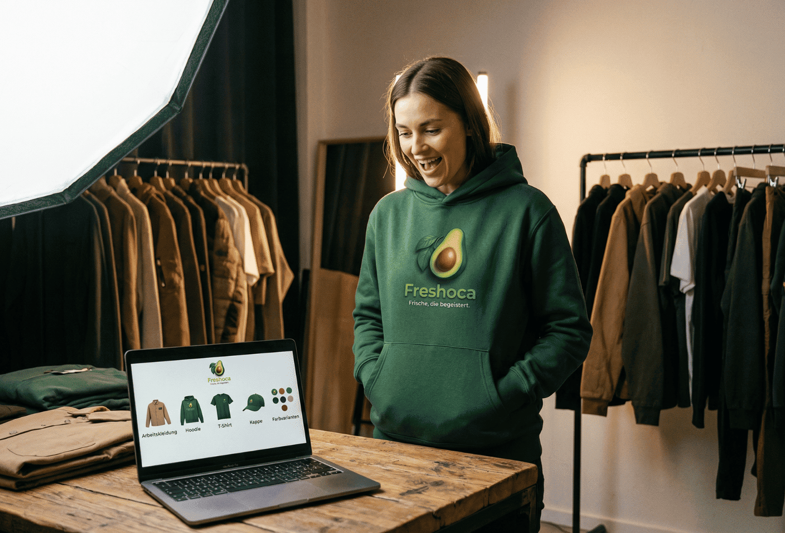 Mitarbeiterin präsentiert gebrandeten Hoodie vor Online-Shop für Firmenbekleidung