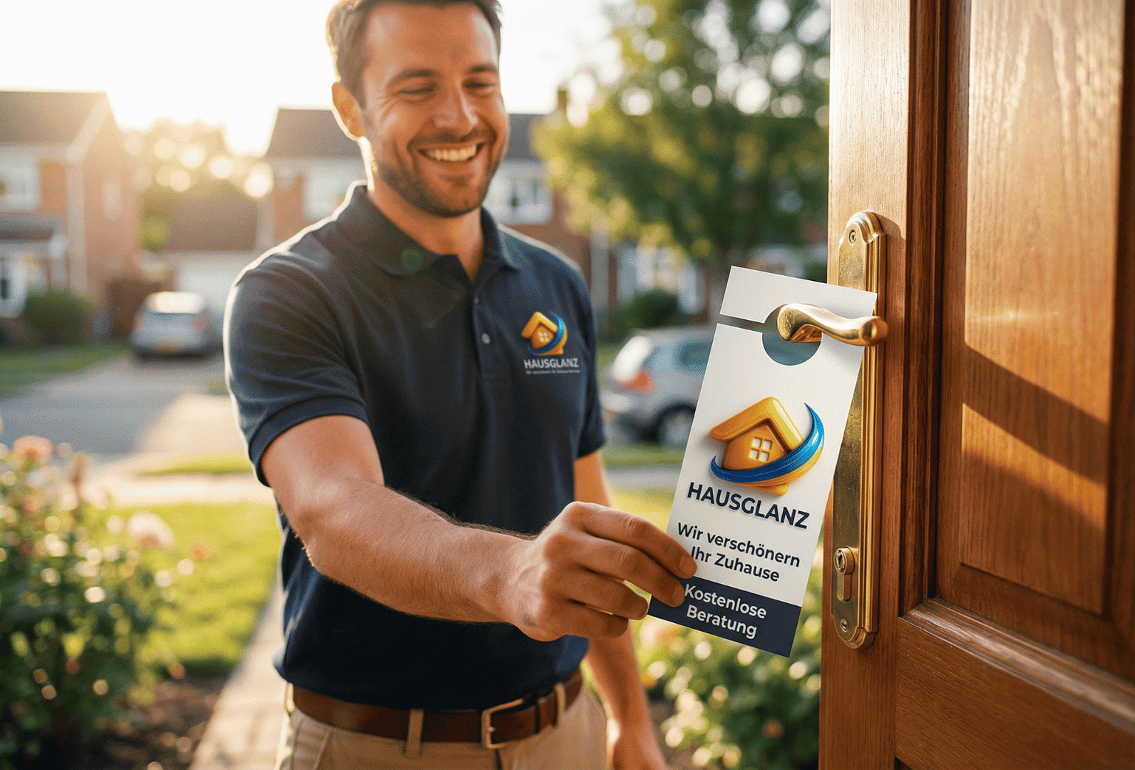 Hausglanz Mitarbeiter hängt Türanhänger mit kostenloser Beratung an Haustür eines Wohnhauses