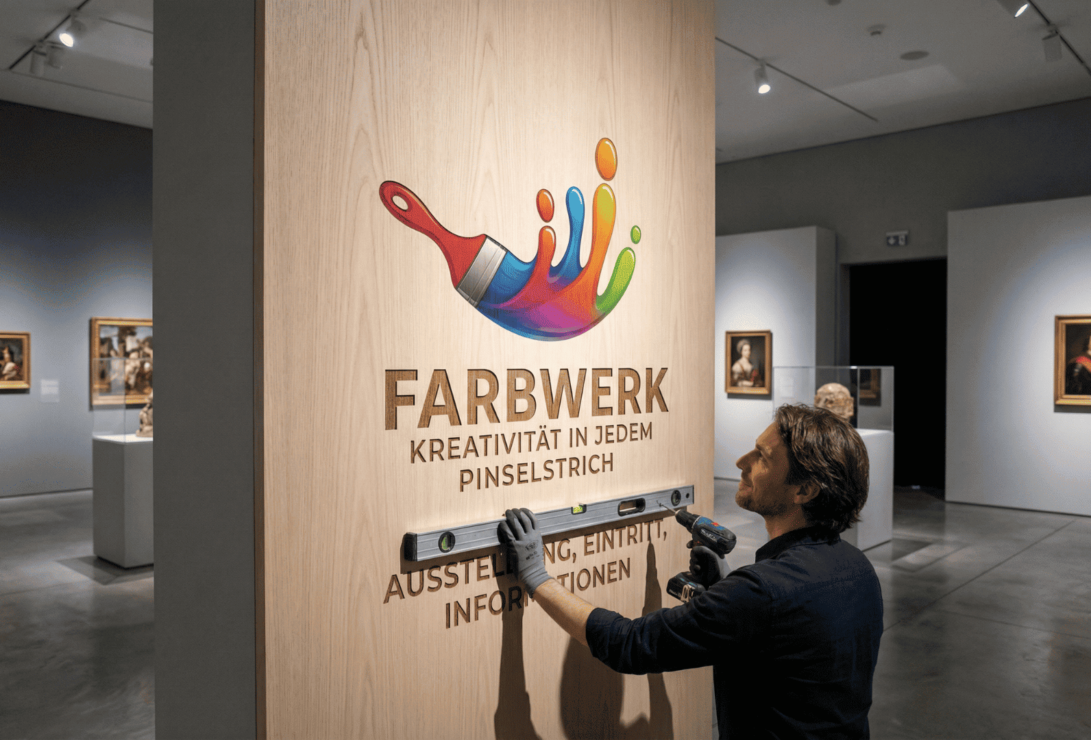 Techniker montiert hochwertige Markenbeschilderung aus Holz in moderner Ausstellungshalle