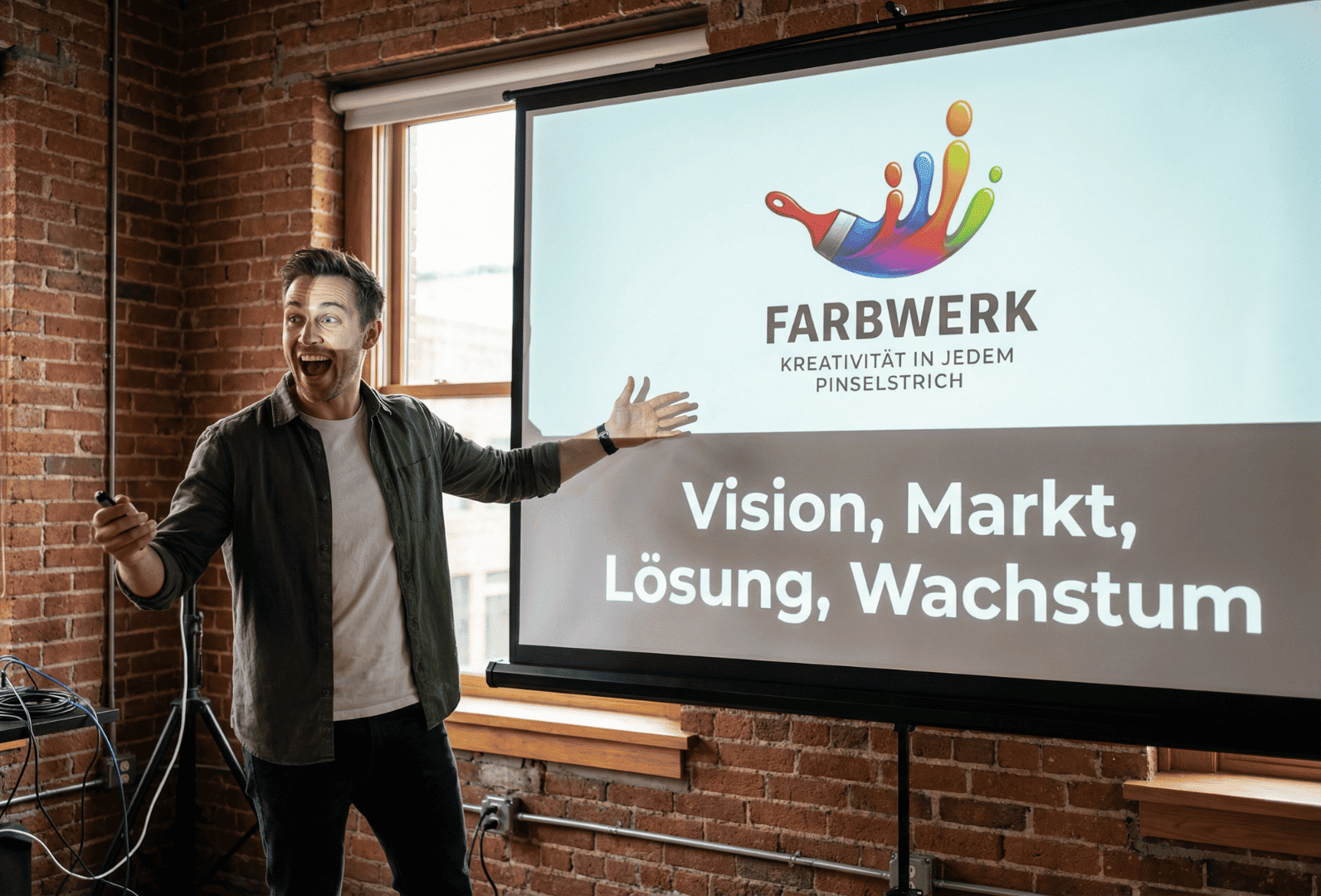 Unternehmer präsentiert Markenvision und Wachstumsstrategie vor Projektionsfläche mit Firmenlogo