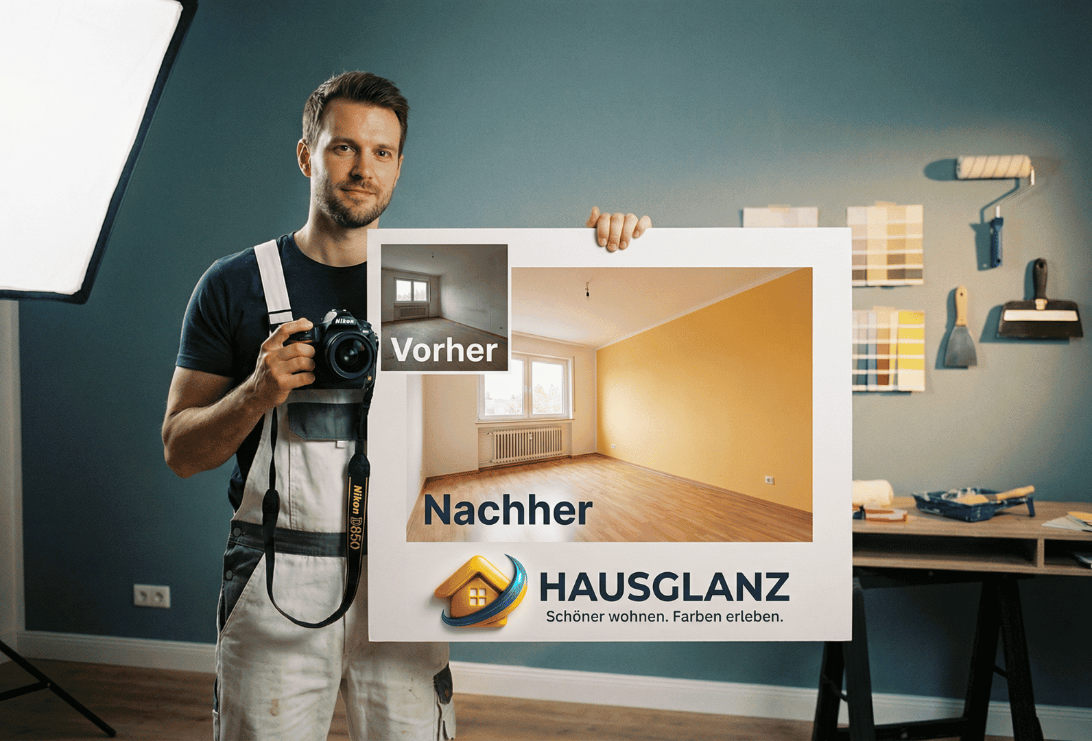 Maler mit Kamera präsentiert Vorher-Nachher-Vergleich eines frisch renovierten Wohnzimmers mit gelber Wandfarbe