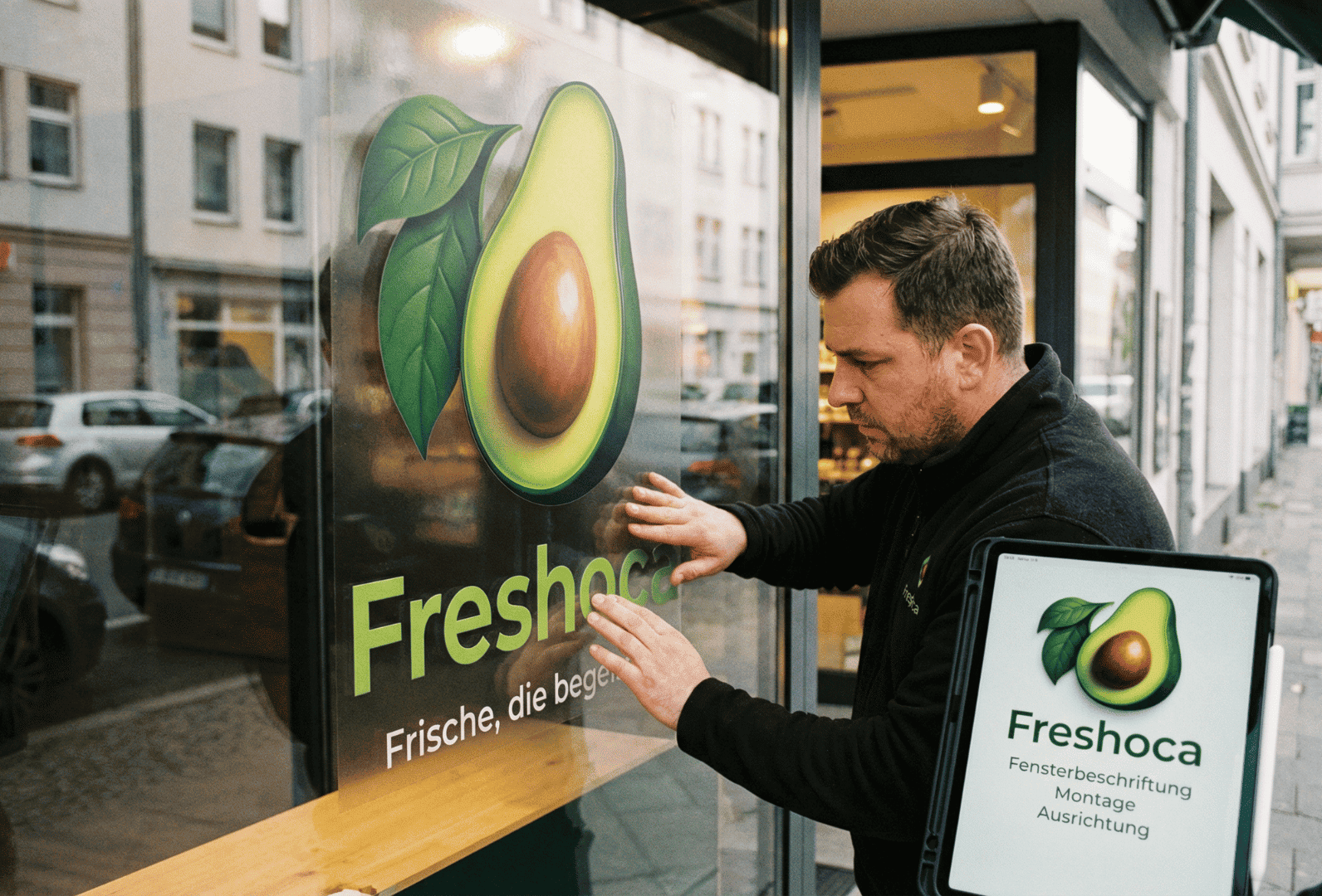 Fachkraft montiert Schaufensterbeschriftung mit Markenlogo an Glasfront