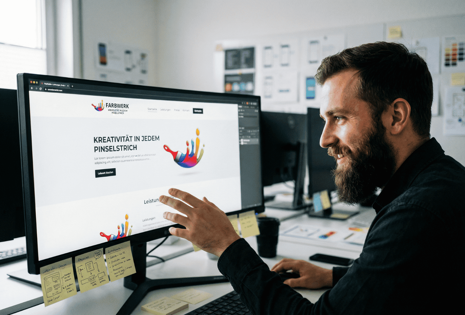 Webdesigner optimiert Markenwebsite und Benutzerführung am Bildschirm im Agenturumfeld