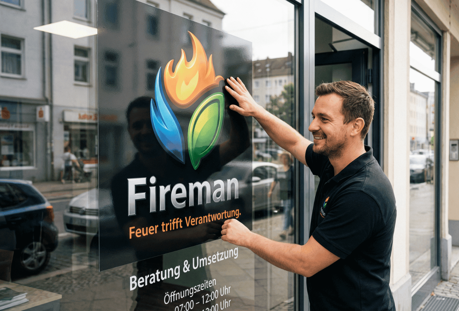 Mitarbeiter befestigt Firmenlogo an Glasfassade für professionellen Außenauftritt