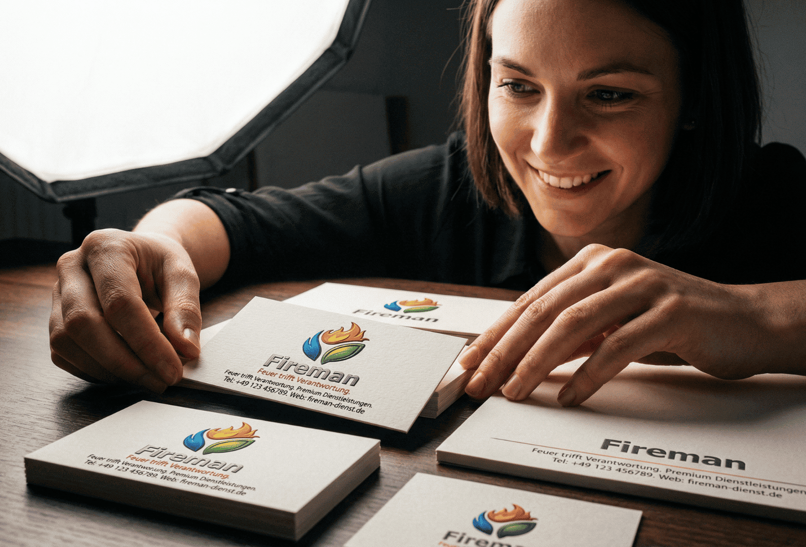 Mitarbeiterin arrangiert professionelle Visitenkarten mit Firmenlogo für hochwertigen Markenauftritt