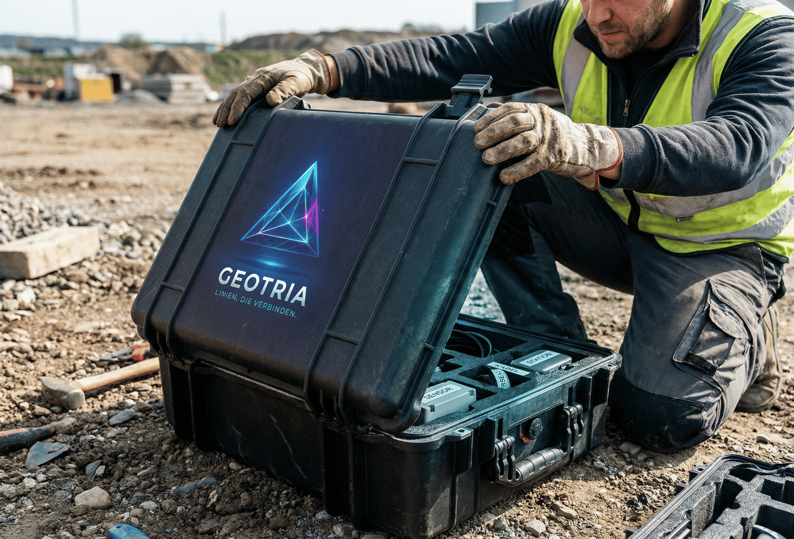 Facharbeiter öffnet robusten Transportkoffer mit moderner Messtechnik auf einer Baustelle im Außenbereich